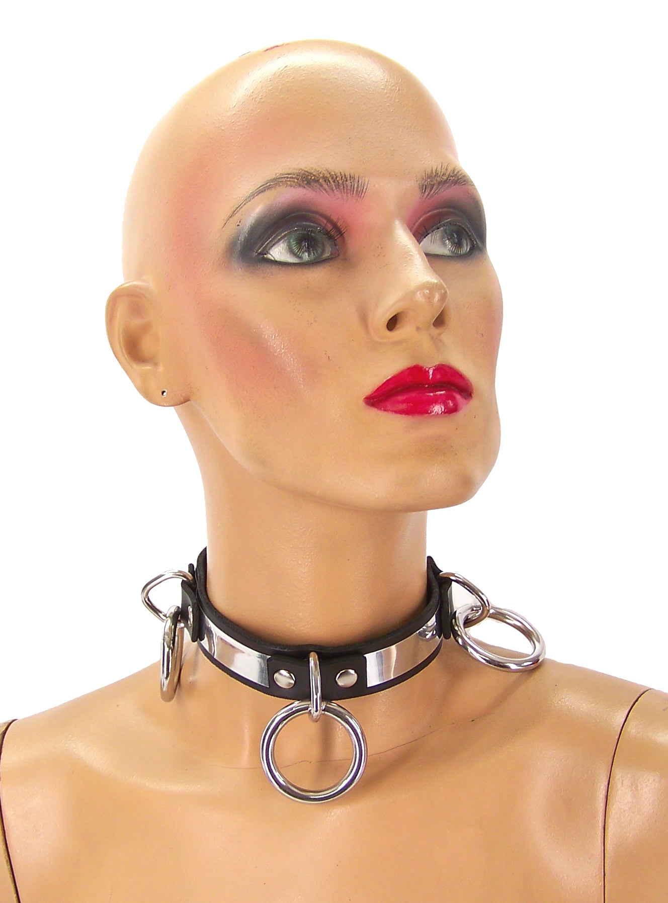 Leather Triple Ring Metal Band Bondage Collar