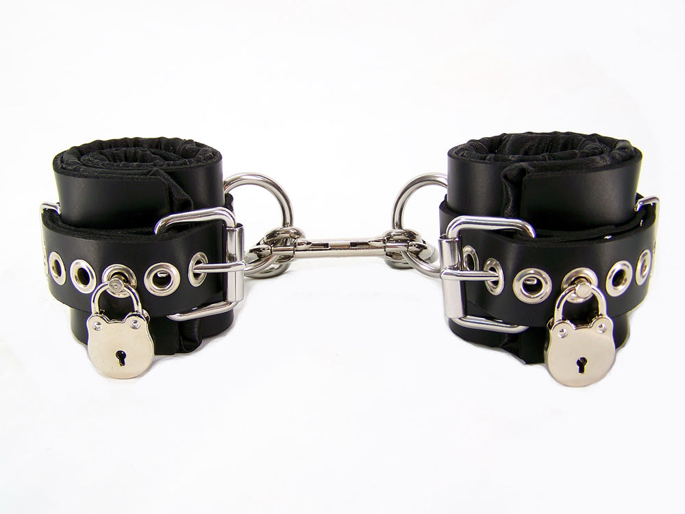 Locking Black Satin Lined Leather Ankle Bondage Cuffs