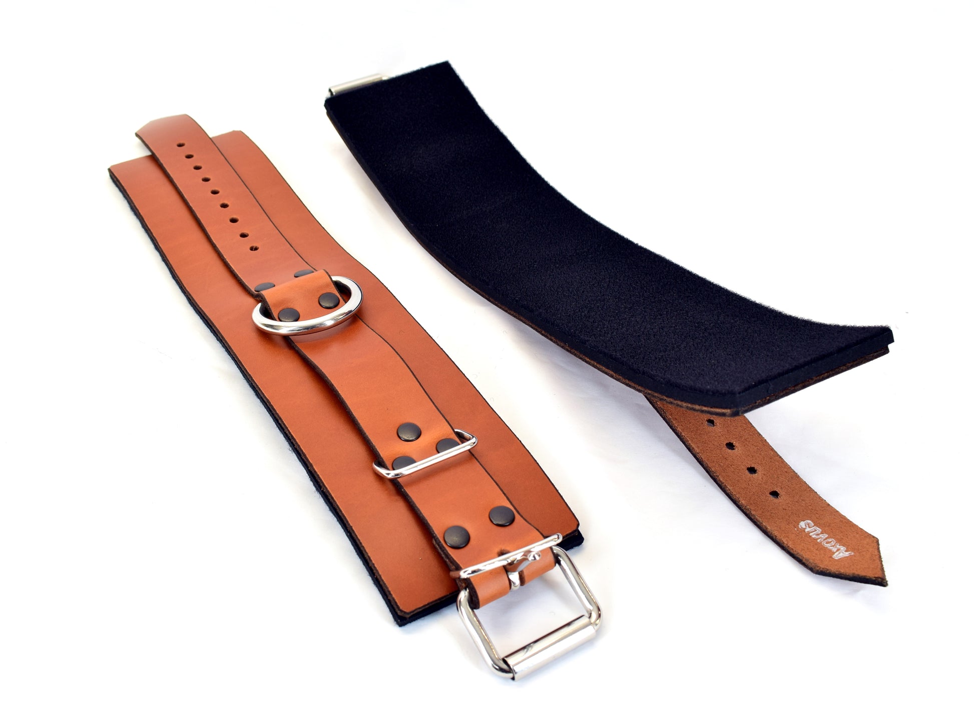 Lined Brown Leather Ankle Bondage Cuffs