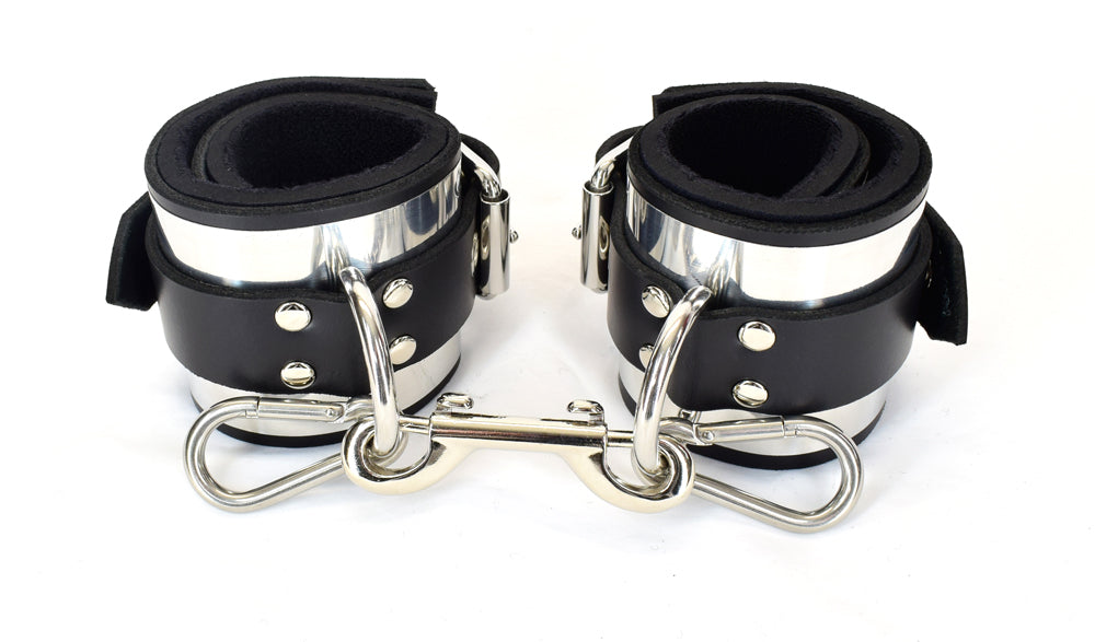 Locking Metal Band Lined Leather Ankle Bondage Cuffs