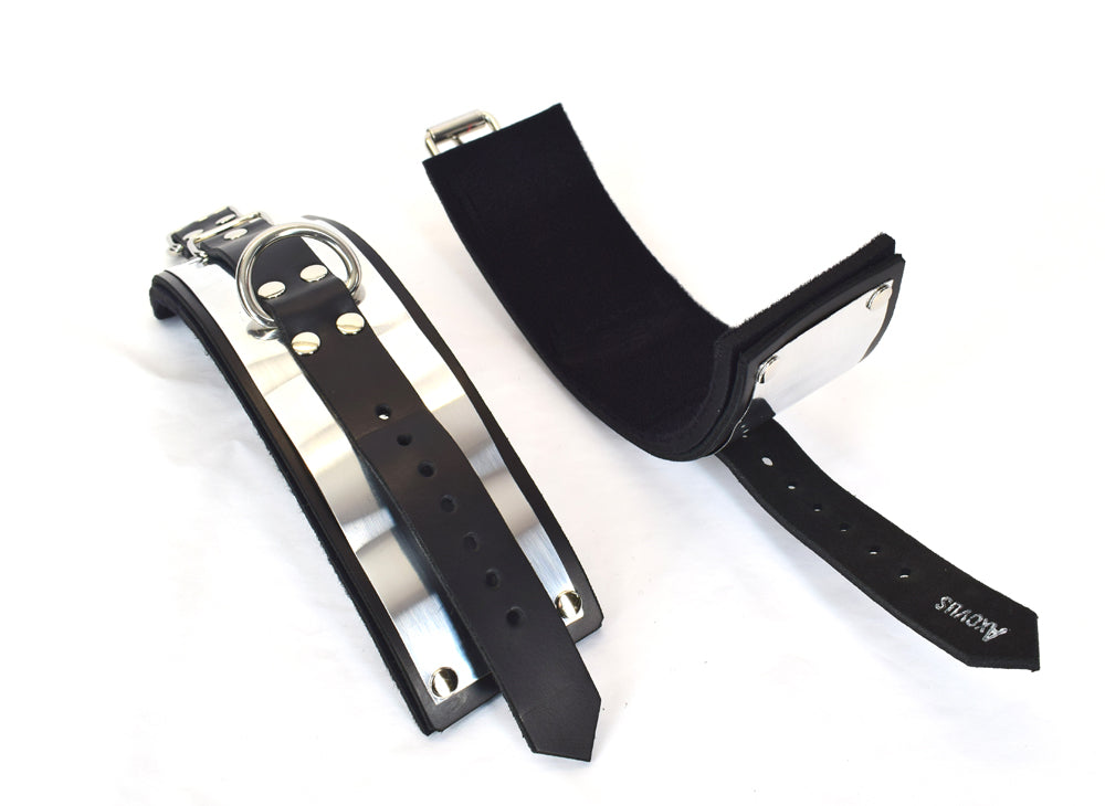 Metal Band Lined Leather Ankle Bondage Cuffs