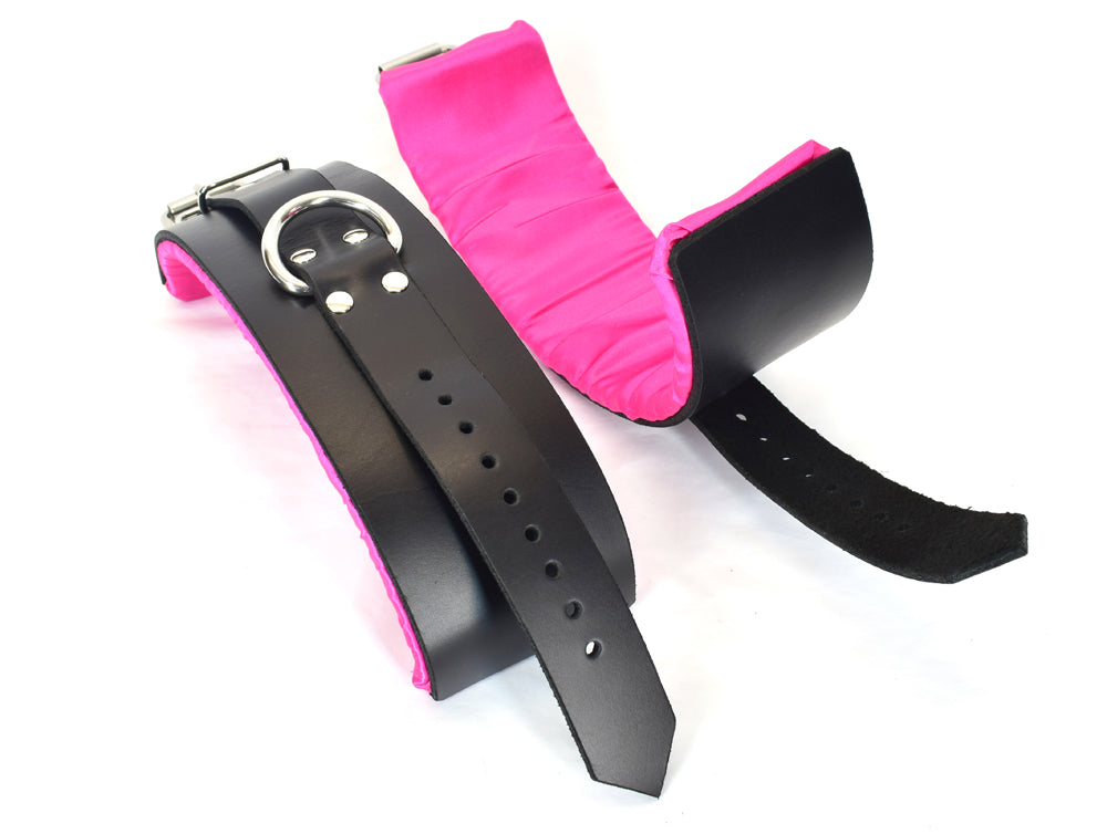 Pink Satin Lined Leather Ankle Bondage Cuffs