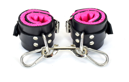 Locking Pink Satin Lined Leather Wrist Bondage Cuffs