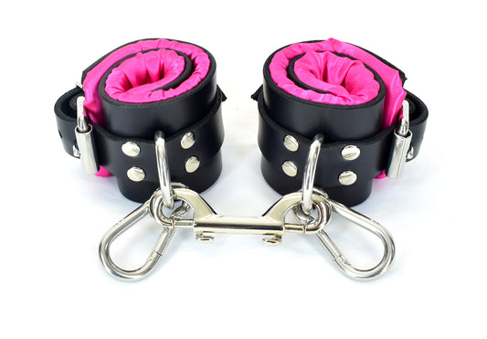 Pink Satin Lined Leather Wrist Bondage Cuffs