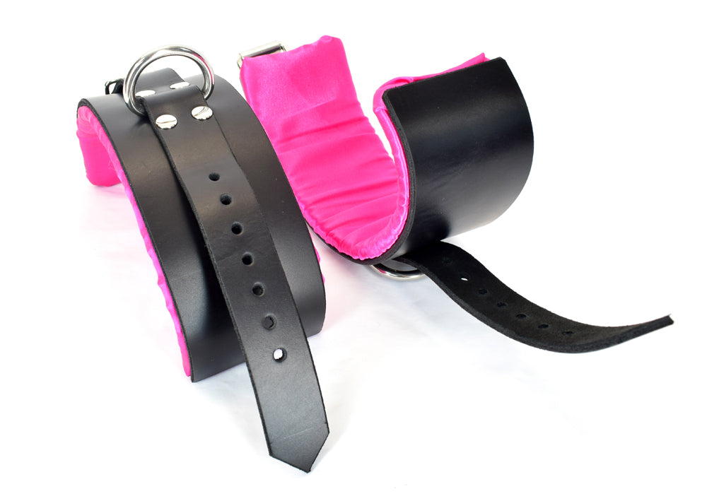 Pink Satin Lined Leather Wrist Bondage Cuffs