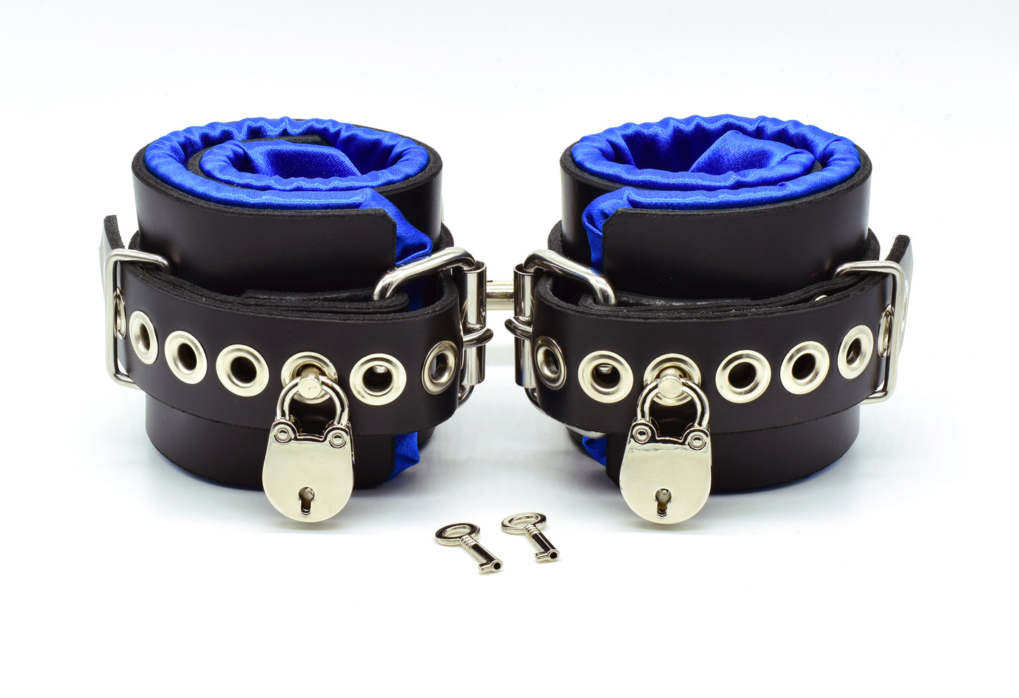 Locking Blue Satin Lined Leather Ankle Bondage Cuffs