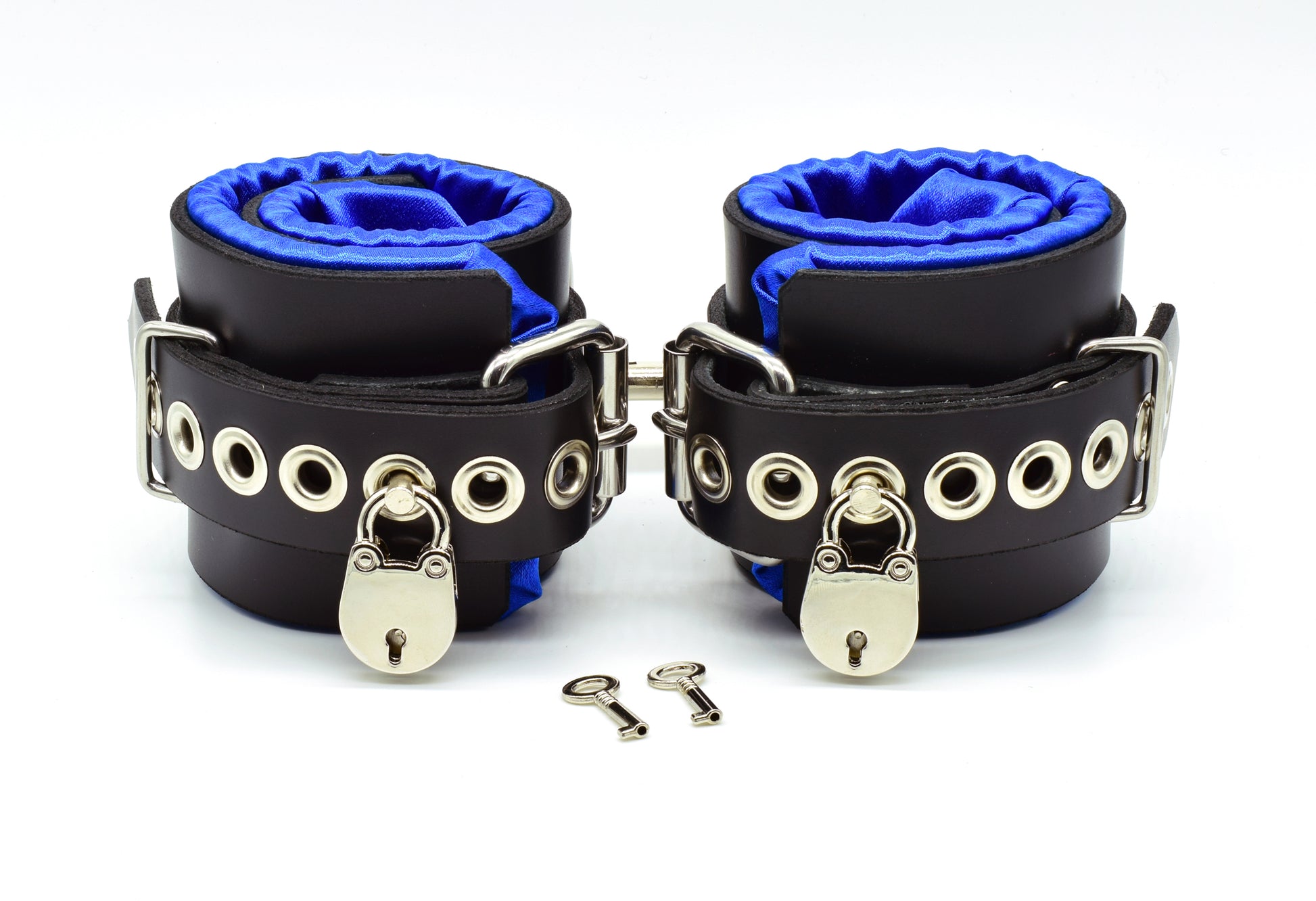 Locking Blue Satin Lined Leather Ankle Bondage Cuffs