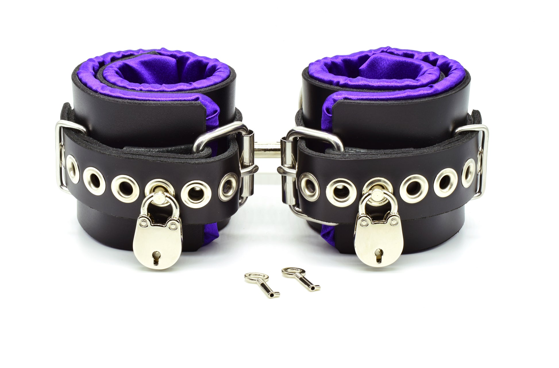 Locking Purple Satin Lined Leather Ankle Bondage Cuffs