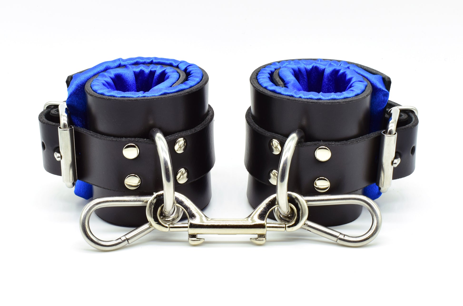 Blue Satin Lined Leather Ankle Bondage Cuffs