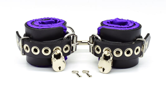 Locking Purple Satin Lined Leather Wrist Bondage Cuffs