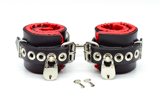 Locking Red Satin Lined Leather Wrist Bondage Cuffs