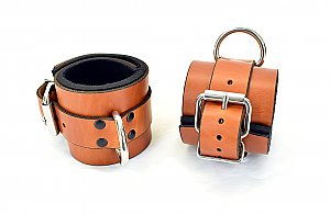 Lined Brown Leather Ankle Bondage Cuffs