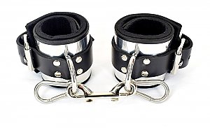 Metal Band Lined Leather Ankle Bondage Cuffs